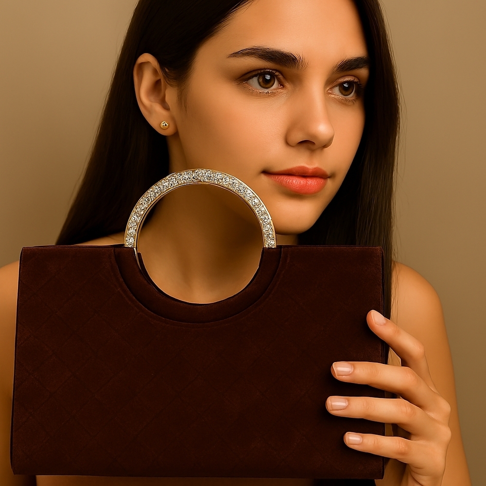 Samantha Thavasa Brown Faux Suede Clutch – Gold Circle Crystal Handle Purse Bag